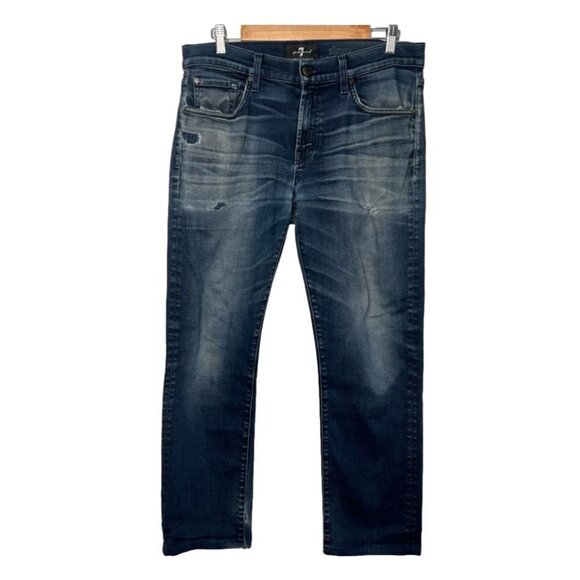 7 For All Mankind Mens Size 33 Slimmy Jeans FLAW Distressed Denim Dark Wash - Picture 1 of 13